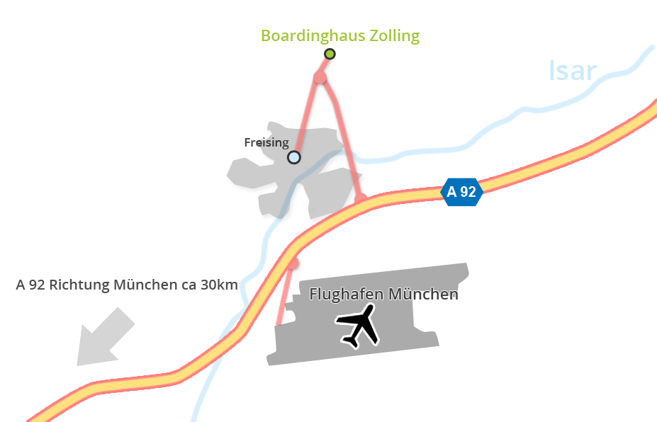Karte Boardinghaus Zolling, Freisung und Flughafen München